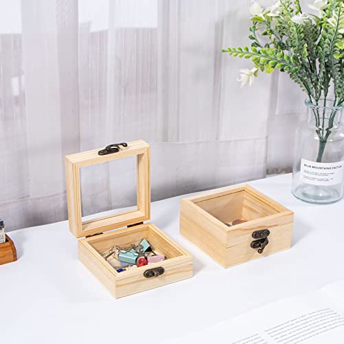 Useekoo 2Pcs Small Wooden Box with Hinged Lid, 3.5'' x 3.5'' x 1.8'' Unfinished Wood Gift Box with Glass Lid, Small Wooden Jewelry Box for DIY and Useekoo