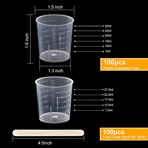 Coopay 100 Pack 30ml/1oz Plastic Graduated Cups Transparent Scale Cups Clear Epoxy Mixing Cups with 100 Pack Wooden Stirring Sticks for Resin, Epoxy, Coopay