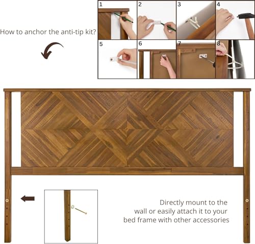 Bme Ethan King Wood Headboard - Rustic Dark Brown Acacia with Herringbone Design for King or Queen Beds Bme