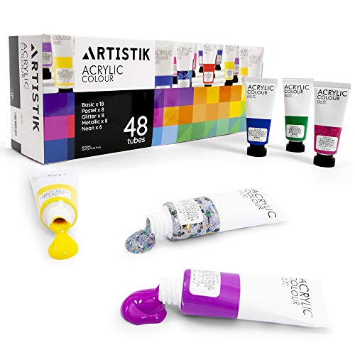 Acrylic Paint Set - 48 Piece Set (48 x 22ml) Tubes in Rich Vibrant Colors - Pigments Formulated for Opaque, Vibrance Perfect for Beginners, Students, ARTISTIK