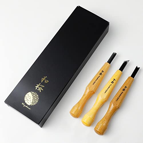Wazakura 3PCS Bonsai Chisel Kit with Round Gouge, Single Bevel Skewed and V-Parting Tool, Hand Carving Tool Set for Jin Shari Making, Woodworking Wazakura
