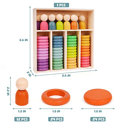 Montessori Toys Wooden Color Sorting Stacking Rings Toy Rainbow Wooden Peg Dolls Counting Toys Circular Building Blocks Stacking Game Preschool Agirlgle