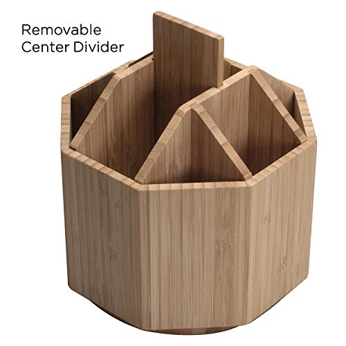 Bamboo Rotating Utensil Holder & Kitchen Organizer, Multiple Compartments, 8 Sections, store Forks, Serving Spoons, Knives, and other cooking tools MobileVision