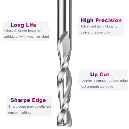SpeTool Spiral Router Bits with UpCut 1/4 inch Cutting Diameter, 1/4 inch Shank 3 inch Extra Long HRC55 Solid Carbide CNC End Mill for Wood Cut, SpeTool