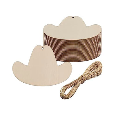 Creaides 20pcs Cowboy Hat Wood DIY Crafts Cutouts Wooden Cowboy Hat Shaped Ornaments Gift Tags for Wedding Birthday Christmas Party Decorations