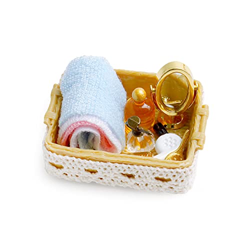 1:12 Scale Mini Bath Basket Set with Towel Mirror Comb Perfume Miniature Lace Basket for Miniature House Bathroom Scene Decoration Accessories