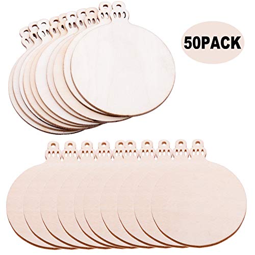Pack of 50 Wooden Crafts to Paint 2.75 inch Christmas Tree Hanging Ornaments Unfinished Wood Cutouts Christmas Decoration DIY Crafts (Wooden Round malyunin