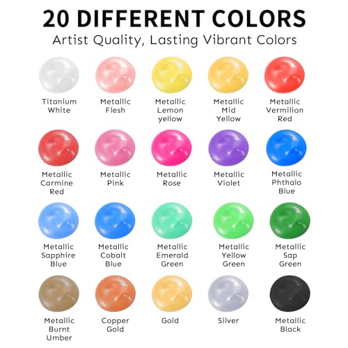 Metallic Acrylic Paint Set with 12 Brushes, Metallic Acrylic Paint Sets with 20 Colors (60ml, 2oz), Acrylic Paint Set for Artists, Beginners on TMOL