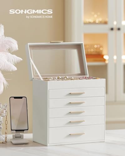 SONGMICS Jewelry Box with Glass Lid, 6-Layer Jewelry Organizer, 5 Drawers, for Sunglasses, Big Jewelry, Jewelry Storage, Modern Style, Cloud White SONGMICS