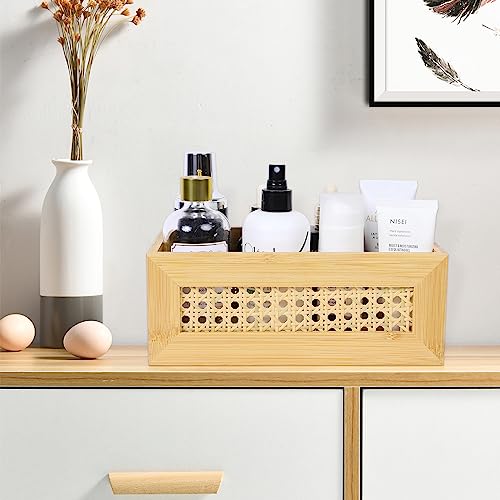 ANMINY 3 PCS Natural Bamboo Storage Bins Set Faux Rattan Frame Wicker Storage Baskets with Handles Sundry Office Drawer Desk Decorative Laundry ANMINY