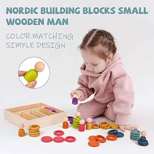 Montessori Toys Wooden Color Sorting Stacking Rings Toy Rainbow Wooden Peg Dolls Counting Toys Circular Building Blocks Stacking Game Preschool Agirlgle
