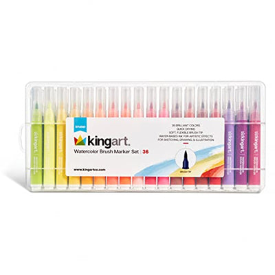 KINGART 405-36 Brush Tip Watercolor Illustration Markers with Case, 36 Colors, Wide Barrel for Easy Hold, Water-based Non-Toxic Ink, Soft Flexible