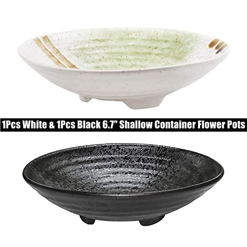Japanese Ikebana Vase Kit, 2Pcs Ceramic Flower Pot Flower Shallow Container Vase with 2Pcs 1.57inch/40mm Flower Frog and 2-in-1 Flower Frog Needle Eggone