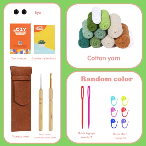 FTEVEN Beginners Crochet Kit, 6pcs Coasters Crochet Starter Kit Plant Pot, Complete Craft Knitting Supplies Kit with Step-by-Step Video Tutorials, FTEVEN