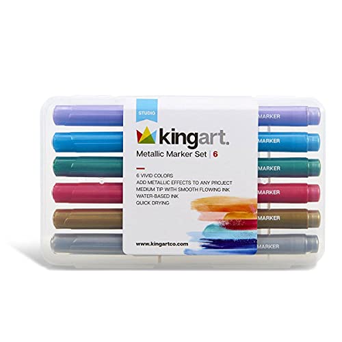 KINGART 6 Pc. Metallic Marker Set, Medium Tip, Set of 6 Brilliant Metallic Colors with Travel Storage Case KINGART
