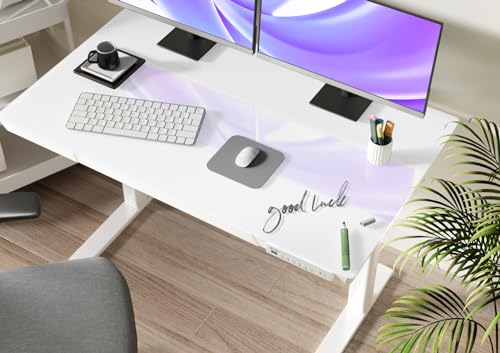 Claiks Glass Standing Desk with Drawers, 48×24 Inch Adjustable Stand Up Desk, Quick Install Home Office Computer Desk with USB Ports, White Claiks