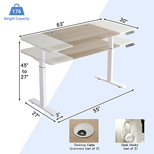 BUNOEM Height Adjustable Electric Standing Desk, 63x30 Height Stand Up Computer Desk,Sit and Stand Home Office Desk with Splice Board (White+Oak Top, BUNOEM