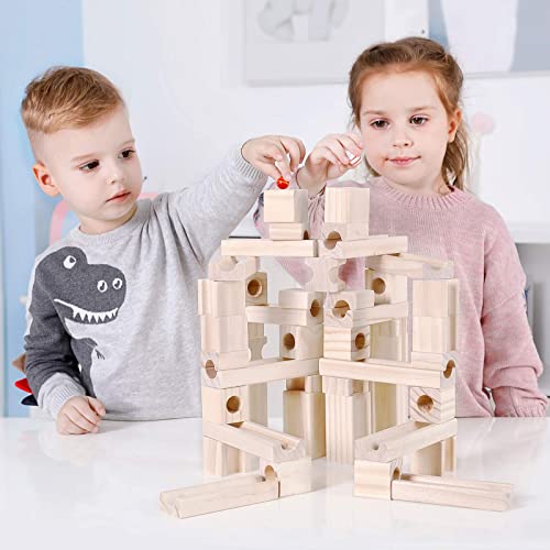 Wooden Marble Run for Kids Ages 4-8, 60 Pieces Wood Building Blocks Toys and Construction Play Set, Marble Track Maze Game STEM Learning Toys Gifts Onshine