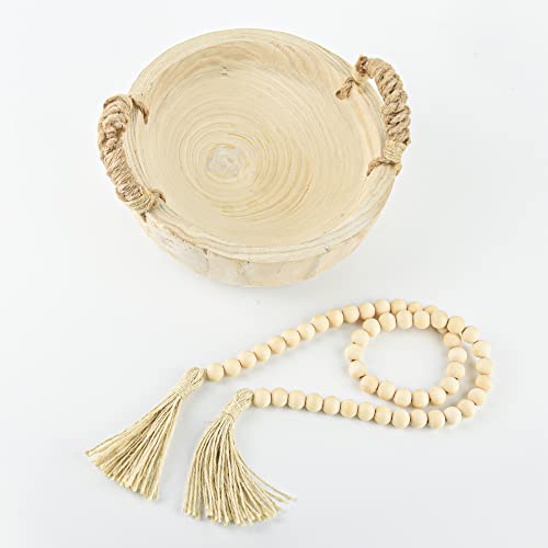 Paulownia Wood Bowl Rustic Wooden Dough Bowl for Decor Decorative Round Serving Key Bowl with Rope Handle and Wood Bead Garland for Christmas AllReal