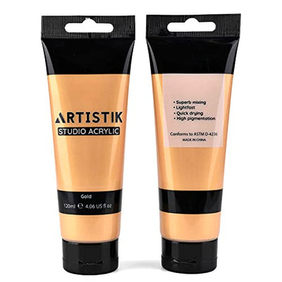 Gold Acrylic Color Paint Tubes - Set of 2-120ml Professional Grade Metallic Paints for Canvas Paper Wood and Other Surfaces Vivid Non-Toxic Paint for