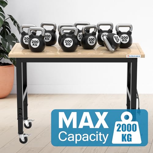 LARBANKE 48" Adjustable Workbench,Rubber Wood Workstation with Graduated Lines,Heights from 33.5” to 41.3”,2000 LBS Load Capacity Hardwood LARBANKE