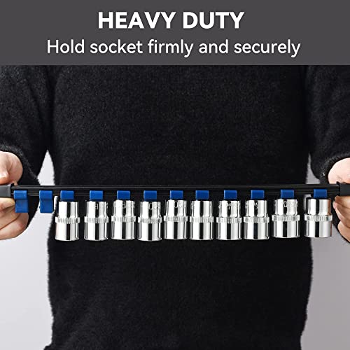 ALOANES 9 PC ABS Socket Organizer, 1/2 inch, 3/8 inch and 1/4 inch Drive Socket Rail Holders, Heavy Duty Socket Racks, Black Rails with Red, Blue and ALOANES