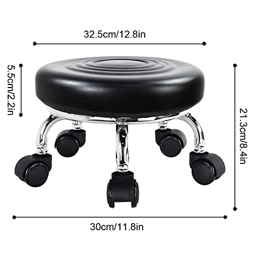 WKWKER Modern Roller Seat PU Leather Low Round Rolling Stool 360° Swivel Small Stool with Universal Caster Wheels Foot Stool for Home Office Garage WKWKER
