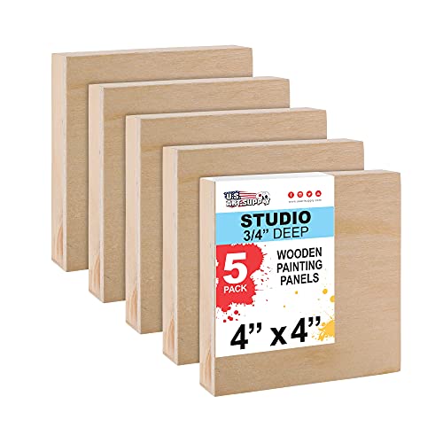 U.S. Art Supply 4" x 4" Birch Wood Paint Pouring Panel Boards, Studio 3/4" Deep Cradle (Pack of 5) - Artist Wooden Wall Canvases - Painting U.S. Art Supply