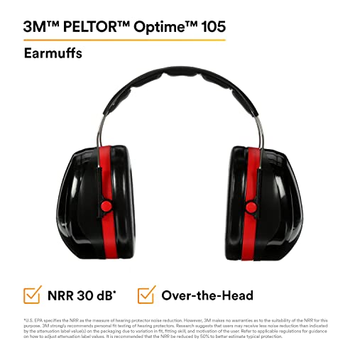 3M H10A Peltor Optime 105 Over the Head Earmuff, Ear Protectors, Hearing Protection, NRR 30 dB,Black, Red 3M