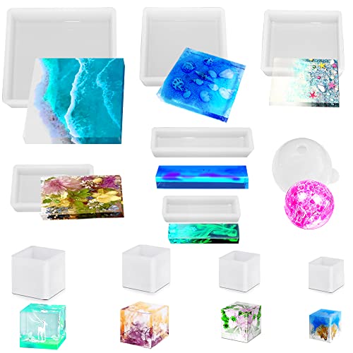 11 Pcs Resin Molds, FineGood Square Silicone Molds for Epoxy Resin Ball Epoxy Resin Molds DIY Cube Box Resin Casting Molds for Jewelry Soap Dried FineGood