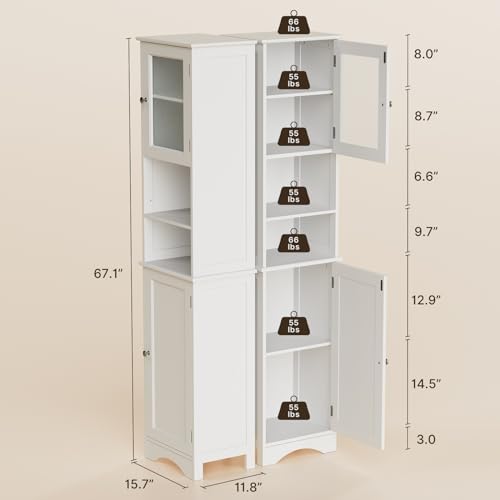 Gizoon 67.1" Tall Bathroom Storage Cabinet with Adjustable Shelves, Narrow Tall Linen Tower with Open Shelves, 2 Doors Freestanding Cabinet with Gizoon
