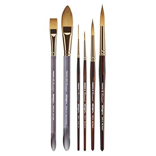 KINGART 1010B Premium 6 Pc. Finesse Series Watercolor Artist Brush Set, Synthetic Kolinsky Sable Blend, Curated Brush Shapes and Sizes, Short Handle, KINGART