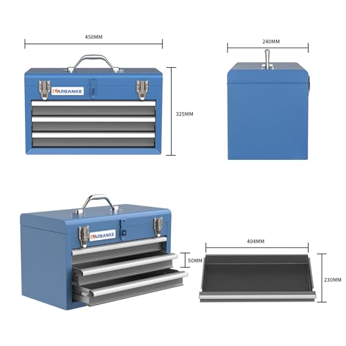 LARBANKE Portable Tool Box,with 3 Drawers and Top Storage Tray,Lockable Metal Tool Chest Cabinet,3-Drawer Tool Box with Liner,for LARBANKE