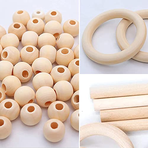 93 Pcs Macrame Kit Includes 4pcs Macrame Wooden Sticks 34pcs Wooden Rings Circles 55pcs Wood Beads Unfinished Wood Rings Beads Sticks for Macrame GrliTra