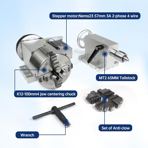 CNCTOPBAOS K12-100mm CNC Router Milling Machine Rotational Axis 4th Axis A axis Rotary Table A axis 100mm 4 jaw chuck dividing head,MT2 65mm CNCTOPBAOS