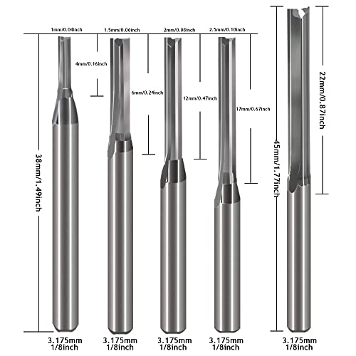 HOZLY 1/8 Inch Straight Router Bits Set (CED 1.0mm 1.5mm 2.0mm 2.5mm 3.175mm )Milling Cutter 2 Flutes Double Edged CNC Cutting Tungsten Steel for HOZLY