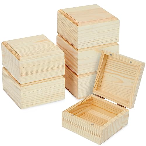 6 Pack Unfinished Wooden Boxes with Hinged Lids, Pinewood Magnetic Wood Box for Crafts, Jewelry Storage (3.5 x 3.5 x 2 In) Bright Creations