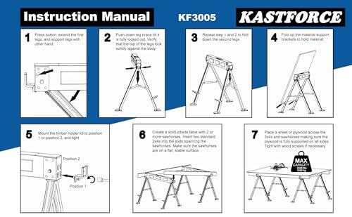 KASTFORCE Folding Sawhorse 2200 lb /1000kg capacity Heavy Duty Jobsite Table Stand with Folding Legs Twin Pack KF3005 KASTFORCE