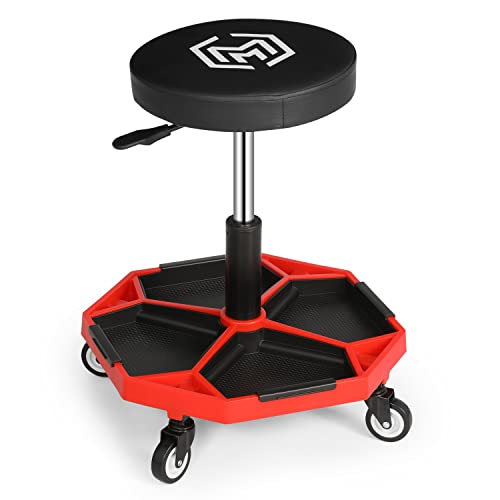 M-AUTO Pneumatic Mobile Rolling Garage Stool with Equipment Tray and All-Terrain Casters 300LBS Capacity Creeper, 16.5" to 22" Adjustable Height M-AUTO