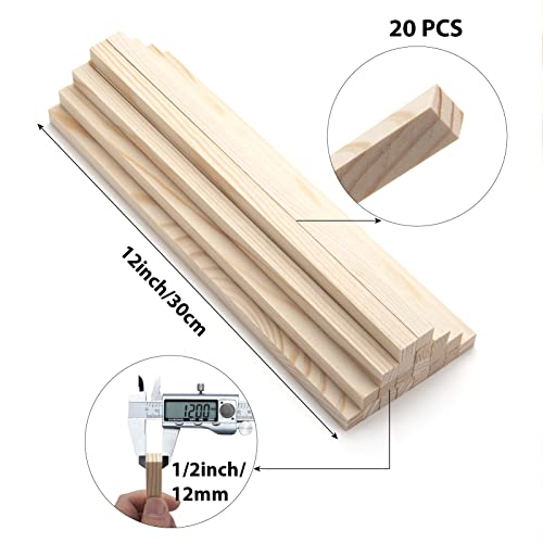 Wood Square Dowel Rods, 20PCS 1/2" x 12" Square Wooden Dowel Rods Wooden Sticks for Crafts, Unfinished Hardwood Sticks Wood Strips for Woodworking, Coowayze