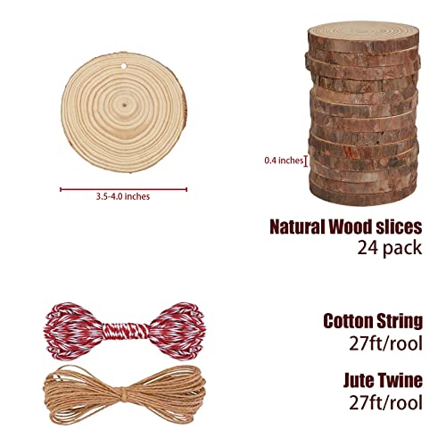 iUoczi Natural Wood Slices 24 pcs 3.5-4.0 Inches Wood Slices for Centerpieces UnfinishedWooden Circles for Crafts Wooden Ornaments for Crafts iUoczi