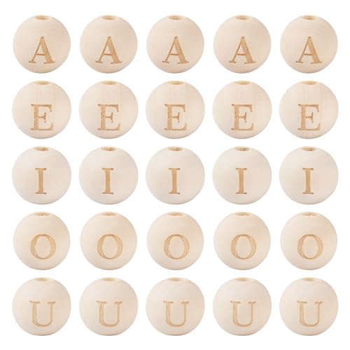 Craftdady 100Pcs 14-16mm Large Hole Wood Beads Round Letter Beads Vowel A E I O U Wooden European Beads Alphabet Beads for DIY Garland Macrame Craftdady