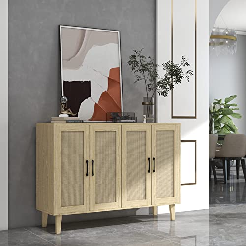 Panana Buffet Storage Cabinet with Rattan Decorating 4 Doors Living Room Kitchen Sideboard 48.43 x 34.65 x 15 inch (Natural Wood) Panana