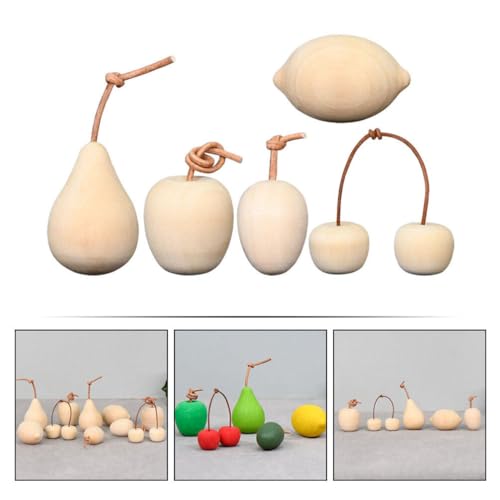 COHEALI Unfinished Wooden Fruits 5pcs Unpainted Blank Pear Apple Lemon Cherry Kiwi 3D Fruits Models for DIY Painting Drawing Craft COHEALI