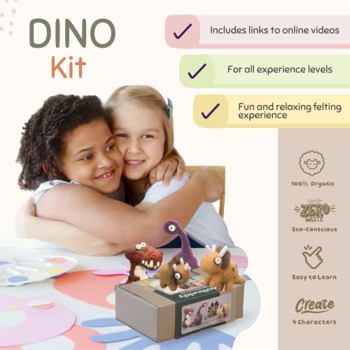 Woolbuddy Needle Felting Kit, 4 Felted Dinosaurs, Felted Animals, Felting Kit for Beginners Adult and Kids, Felting Supplies Included Felting Wool, Woolbuddy