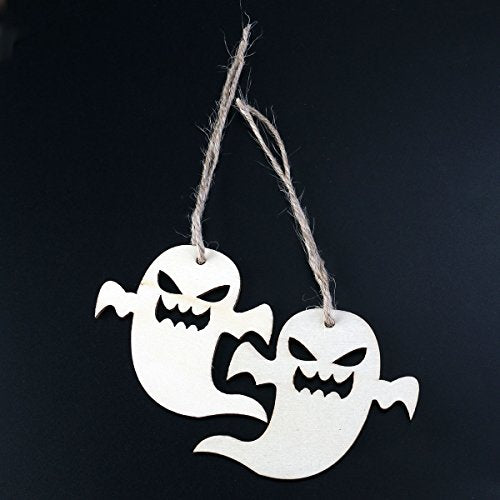 VOSAREA 10PCS Halloween Decoration Snicker Ghost Pendant with Hemp Ropes Hanging Embellishments Decotaitve Wooden Pieces Crafts Cutout Shape VOSAREA
