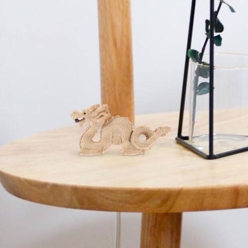 Amosfun Chinese Feng Shui Carved Natural Wood Dragon Statue Unpainted Wooden Dragon Sculpture Unfinished 10cm DIY Animal Figurine Hand Carved Amosfun