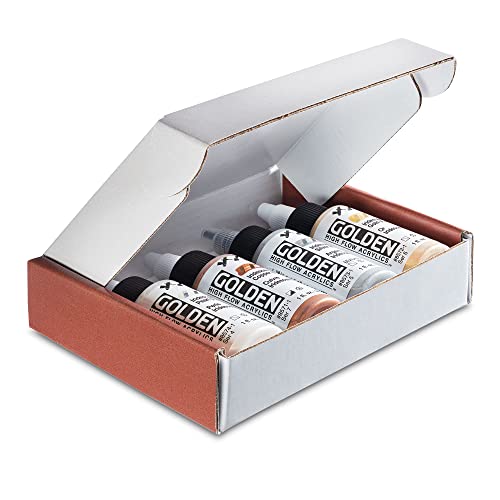Golden Acrylics High Flow Acrylic Paint Set - 4 Iridescent Metallic Colors, Copper, Gold, Silver, Pearl - 1 Ounce Bottles - Metallic Acrylic Paint Golden Acrylics