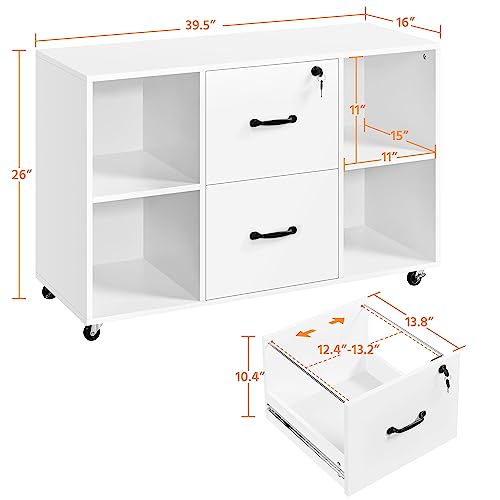 Yaheetech White File Cabinet Mobile Letter Size File Cabinet with 2 Drawers and 4 Open Storage Shelves Large Mobile Lateral Filing Cabinet Printer Yaheetech