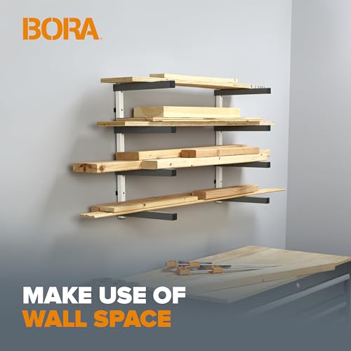 BORA Wood Organizer and Lumber Storage Metal Rack with 4-level Wall Mount - Indoor and Outdoor Use, White & Gray - PBR-0420 Bora